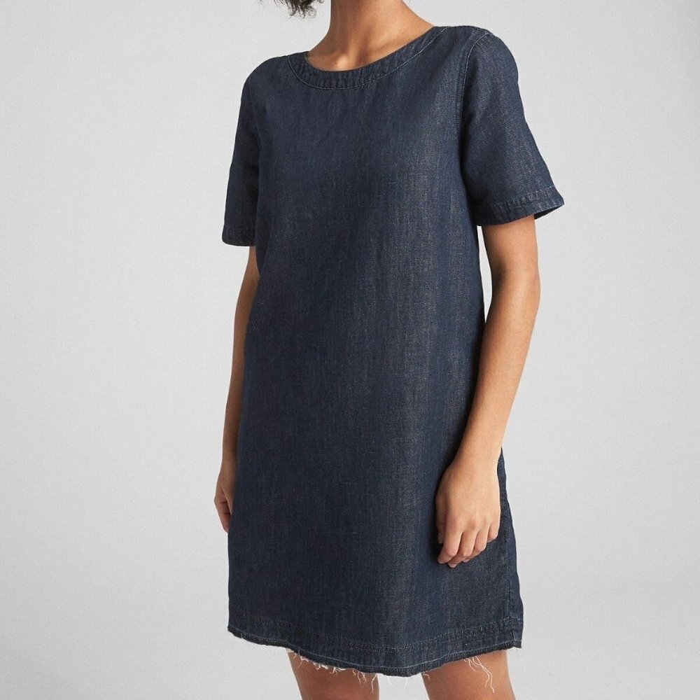 Gap Denim Shift Dress with Let-Down Hem, Dark Wash Size s